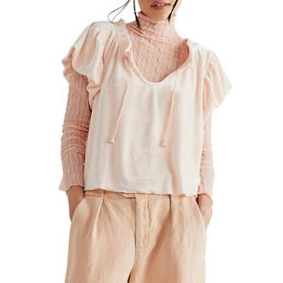 Free People Womens Terese Velvet Top XS Peach Smocked Tie Neck Oversized Drapey - Picture 1 of 9